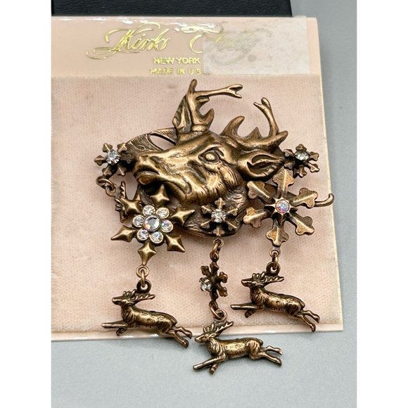 Kirks Folly Deer Reindeer Pin Brooch Dangles Snowflakes New Old Stock On Card - Picture 2 of 5